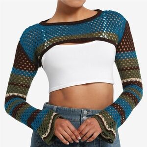 Hot Topic Teal Thorn & Fable striped knit crop shrug with flared sleeves